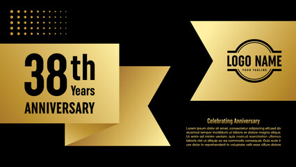 38th Anniversary template design concept with golden ribbon for birthday celebration event, invitation card, greeting card, banner, poster, flyer, book cover. Vector Template