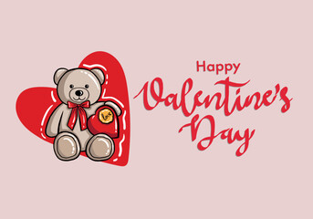 Happy Valentine's Day Vector Design. Valentine's Day Vector With cute Teddy bear and hearts. Valentine's Day Design for Poster, Social Media, Banner or Advertisement.