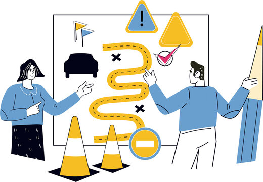 Driver license exam and Traffic rules studying in driving school.