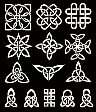 Medieval Celtic knot. Celtic, Irish knots ornament. Celtic symbols, endless knot shape vector icon, infinite spirit unity symbol, pagan circle tribal symbols graphics isolated. Tattoo set.