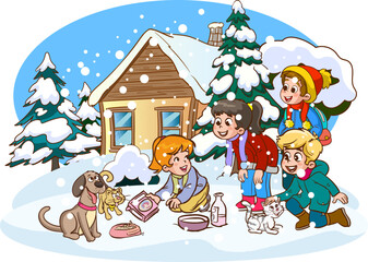 children feeding stray animals cartoon vector 