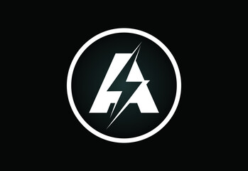 Initial A letter logo design with lighting thunder bolt. Electric bolt letter logo vector