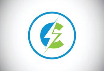 Initial C letter logo design with lighting thunder bolt. Electric bolt letter logo vector