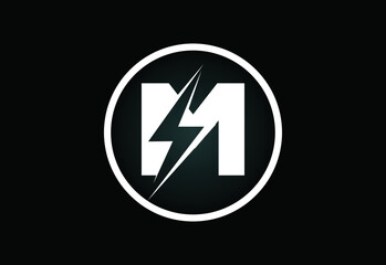 Initial M letter logo design with lighting thunder bolt. Electric bolt letter logo vector