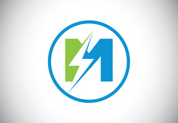 Initial M letter logo design with lighting thunder bolt. Electric bolt letter logo vector
