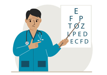Ophthalmologist near the vision test table. Diagnosis and eye examination. Optometrist checks eyesight and chooses glasses.