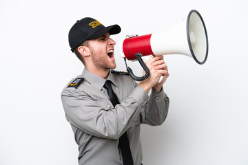 Young safeguard caucasian man isolated on white background shouting through a megaphone