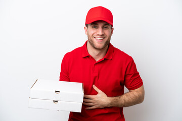 Pizza delivery caucasian man with work uniform picking up pizza boxes isolated on white background...