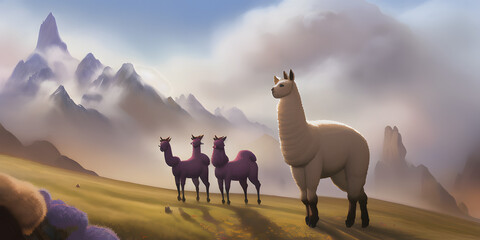 A dreamlike realistic painting of an epic Alpaca character