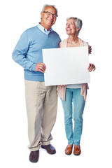 Poster, portrait mock up and senior happy couple with marketing placard, advertising banner or product placement. Studio mockup, billboard promotion sign and sales people isolated on white background