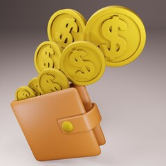 Wallet with dollar coins. Financial management business concept. Purse with cash. Raster cartoon rendering 3d illustration.