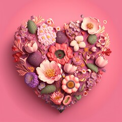 Heart made of flowers on pink background. Top view. Flat lay  Generative ai. 