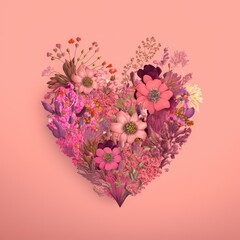 Heart made of flowers on peach background. Generative ai. 