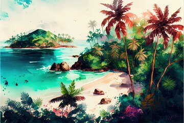 Fototapeta premium Tropical paradise landscape, watercolor painting, Generative ai