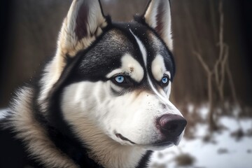 Naklejka na ściany i meble Portrait of a beautiful Siberian Husky with blue eyes in a snowy forest created with Generative AI Technology