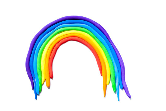 Plasticine rainbow on a white background. Isolated. Children's creativity. Plastic craft.

