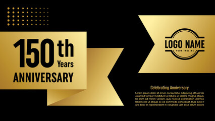 150th Anniversary template design concept with golden ribbon for birthday celebration event, invitation card, greeting card, banner, poster, flyer, book cover. Vector Template