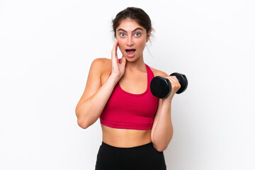 Young sport caucasian woman making weightlifting isolated on white background with surprise and shocked facial expression