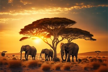 Group of wild elephants grazing in a savanna , created with Generative AI technology