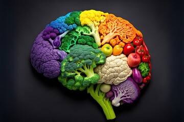 Fototapeta Human brain made of variety of colorful vegetables, concept of vegetarian, vegan, healthy nutrition, created with Generative AI technology obraz