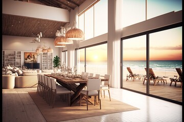 Obraz na płótnie Canvas Large luxury dining and living room with sea view nex, created with Generative AI technology