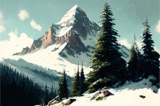 Landscape of a snowy mountain peak with evergreen trees, created with Generative AI technology