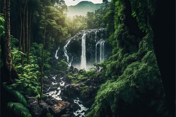 Panoramic view of a waterfall cascading down a rocky mountain, created with Generative AI technology