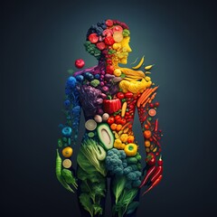 Person made of variety of colorful vegetables, concept of healthy food, vegetarian, created with Generative AI technology