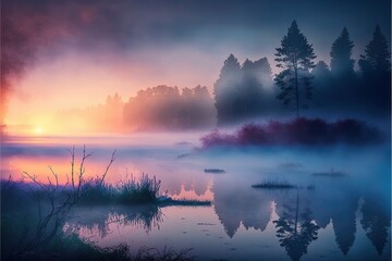 Serene lake at dawn with mist rising off the water, created with Generative AI technology