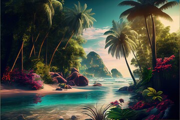 Obraz na płótnie Canvas Tropical paradise landscape, watercolor painting, Generative ai