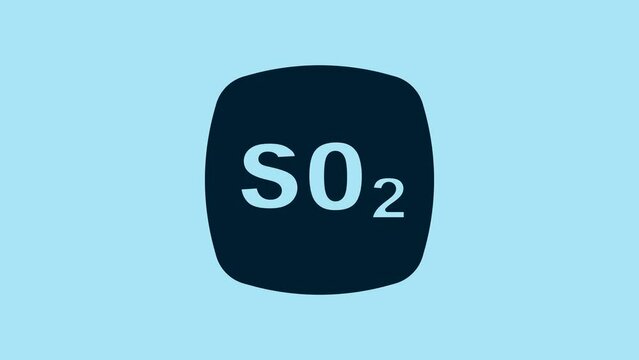Blue Sulfur dioxide SO2 gas molecule icon isolated on blue background. Structural chemical formula and molecule model. 4K Video motion graphic animation