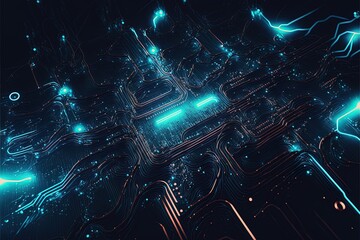 High tech circuit board connection system concept. blue technology concept.
