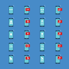 Malware notification on mobile phone. Virus, malware, email fraud, e-mail spam, phishing scam, hacker attack concept. Vector illustration. Icons set.	
