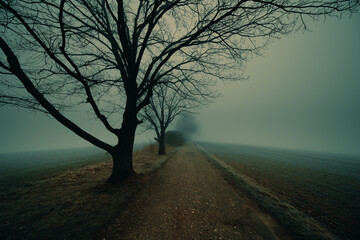 autumn landscape on a foggy night with trees without leaves and a country road