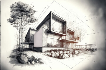 3D rendering of a modern cubic house with a hand writing notes, measurements and indications.Generative AI