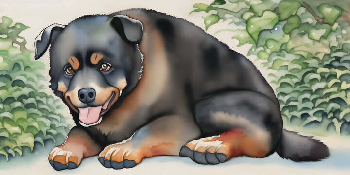 A beautiful painted watercolor aquarel of a Rottweiler character in its natural habitat