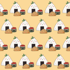 Asian Food Doodle Kawaii Symbol Wrapping Paper Print Textile Fabric Seamless Swatch Funny Asian Sushi Food Sign Seamless Pattern 