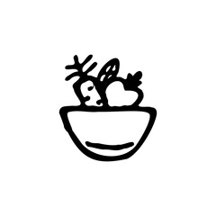 Black line art doodle illustration of vegetable in plate isolated on white background. Hand drawn healthy meal symbol. Quality design element. Flat salad icon.
