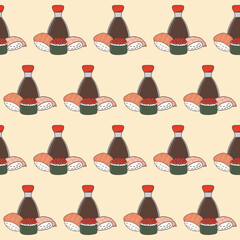 Asian Food Doodle Kawaii Symbol Wrapping Paper Print Textile Fabric Seamless Swatch Funny Asian Sushi Food Sign Seamless Pattern 