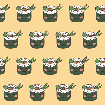 Asian Food Doodle Kawaii Symbol Wrapping Paper Print Textile Fabric Seamless Swatch Funny Asian Sushi Food Sign Seamless Pattern 