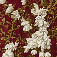 gold and white flowers in a maroon background