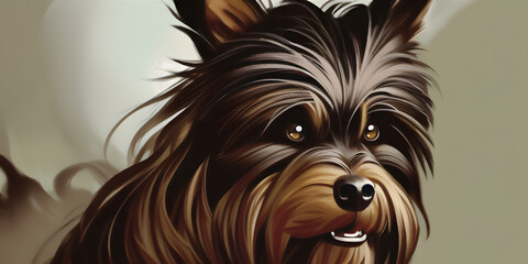 An epic cartoon illustration and digital painting of a Yorkshire Terrier