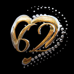 3D ILLUSTRATION. GOLD AND SILVER TEXT EFFECT ANNIVERSARY DATE NUMBERS WITH HEART RING