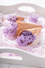 Obraz na płótnie Canvas Special lilac in wafer cone. Beautiful background for gift card.