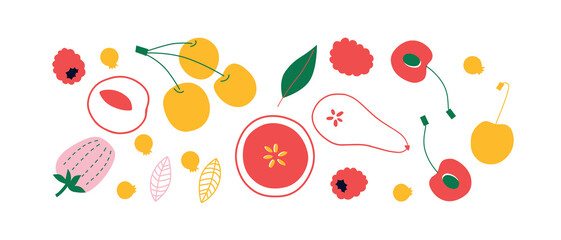 Cute appetizing Fruits and berries collection. Decorative abstract horizontal banner with colorful doodles. Hand-drawn modern illustrations with Fruits and berries, abstract elements. 