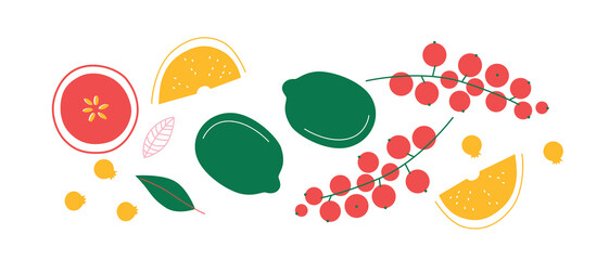 Cute appetizing Fruits and berries collection. Decorative abstract horizontal banner with colorful doodles. Hand-drawn modern illustrations with Fruits and berries, abstract elements. 