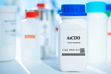 AsCl3O arsenic oxychloride CAS 60646-36-8 chemical substance in white plastic laboratory packaging