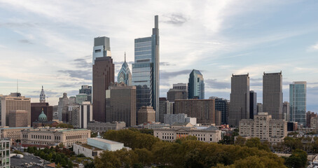 Fototapeta na wymiar Philadelphia City Center and Business District Skyscrapers. Pennsylvania. Cloudy Blue Sky. Philadelphia Downtown.