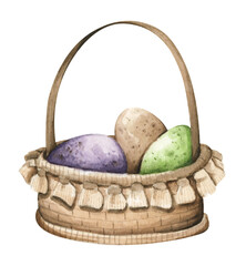Colorful easter eggs in basket. Design elements for holiday cards. Happy Easter. Watercolor illustration.