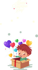 Obraz na płótnie Canvas Happy Valentine's Day Template or Vertical Banner With Boy Character Coming Out of Surprise Box, Colorful Heart Balloons.
